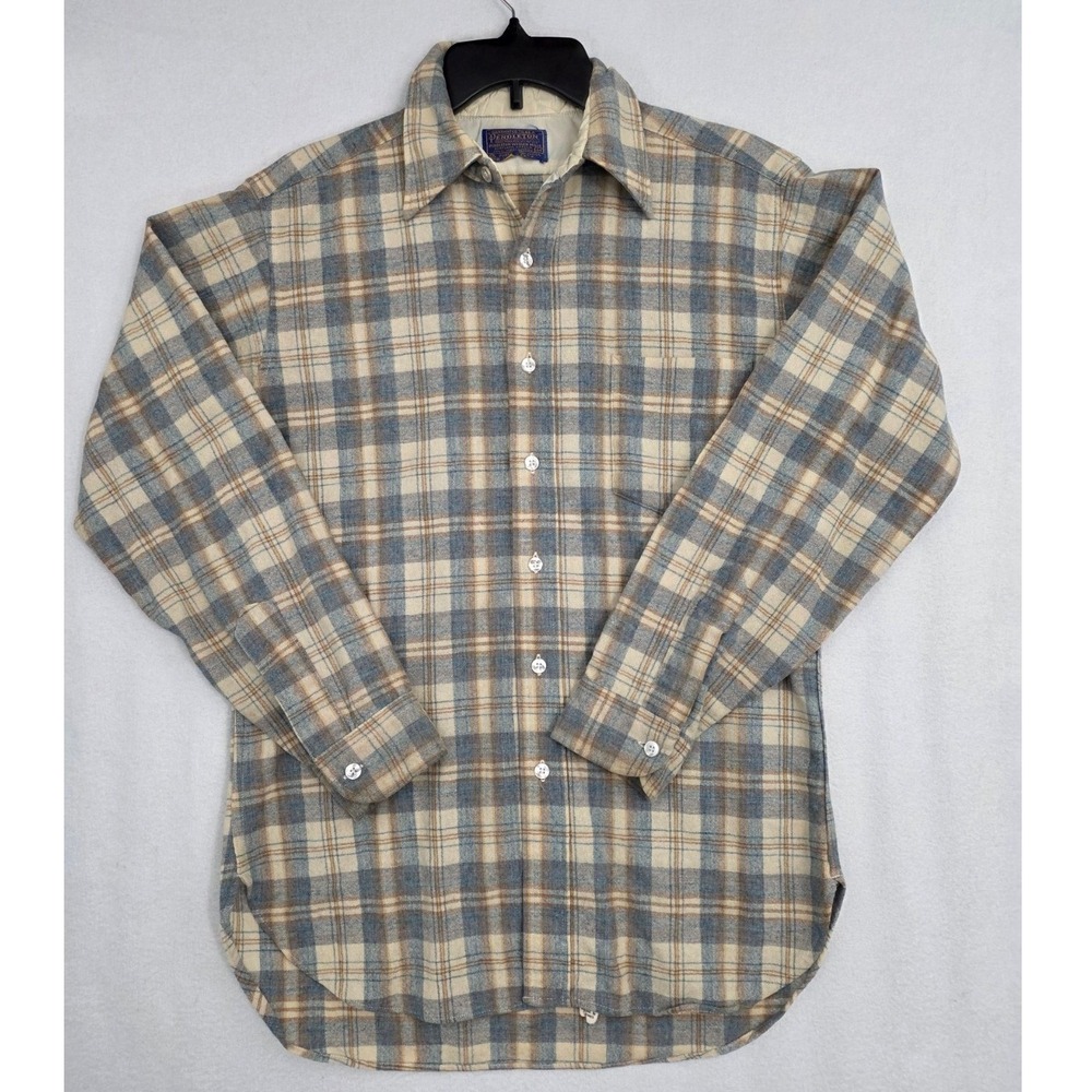 Pendleton Board Shirt M Blue Tan Plaid 100% Virgin Wool Vintage Flannel Workwear